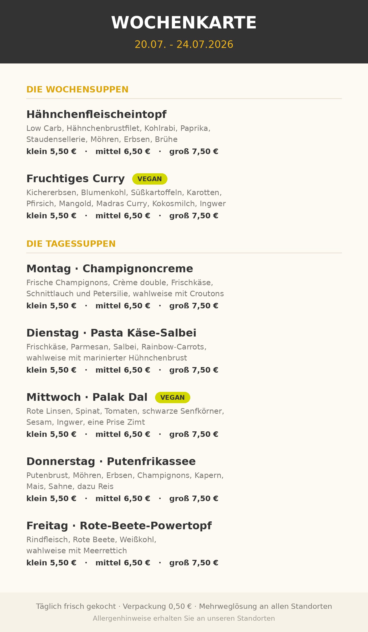 Aktuelle Wochenkarte von Suppenkult, 20.07. bis 24.07.2026